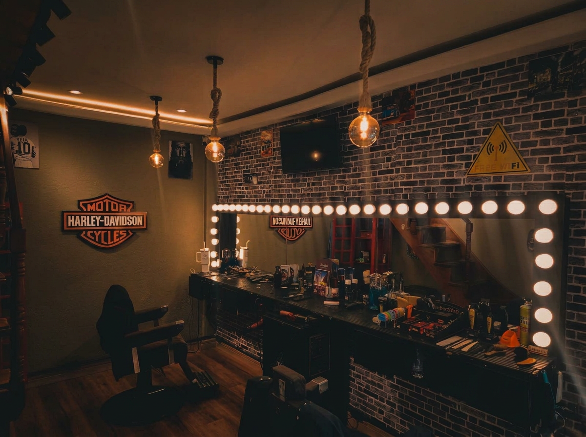 Interior de barbearia com paredes de tijolos e iluminação quente