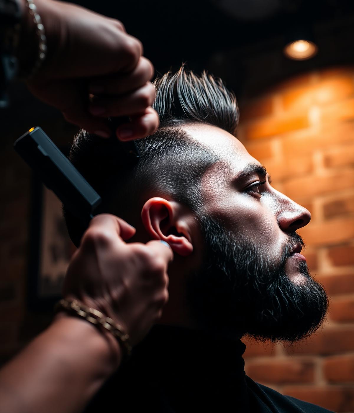 Cliente recebendo corte de cabelo em barbearia clássica